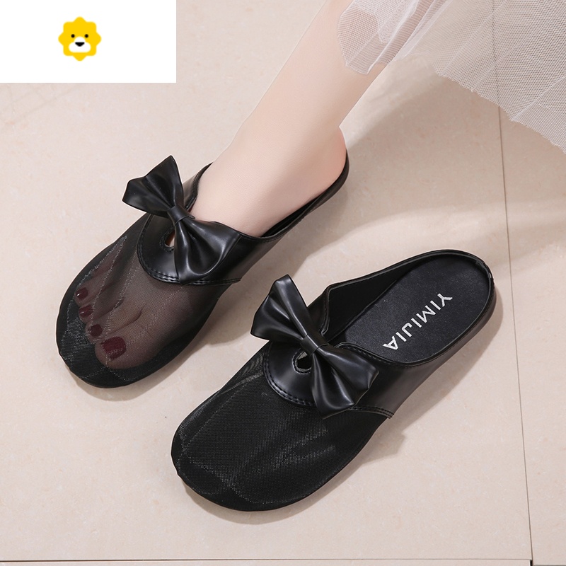 fish basket包头拖鞋女外穿2022夏季网红蝴蝶结网纱透气女士凉拖平底