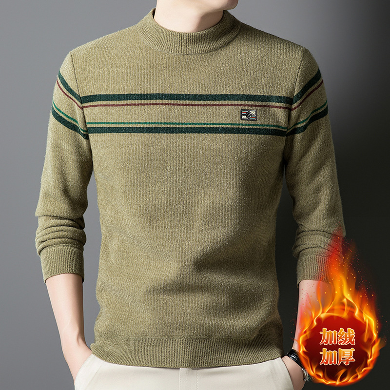 冬装毛衣男士新款半高领保暖针织衫秋冬加绒线衣中老年加厚打底衫_84036 绿色 XL