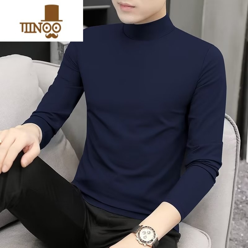 YANXU莫代尔半高领长袖t恤男士薄款修身内搭打底衫中领秋衣男高清大图