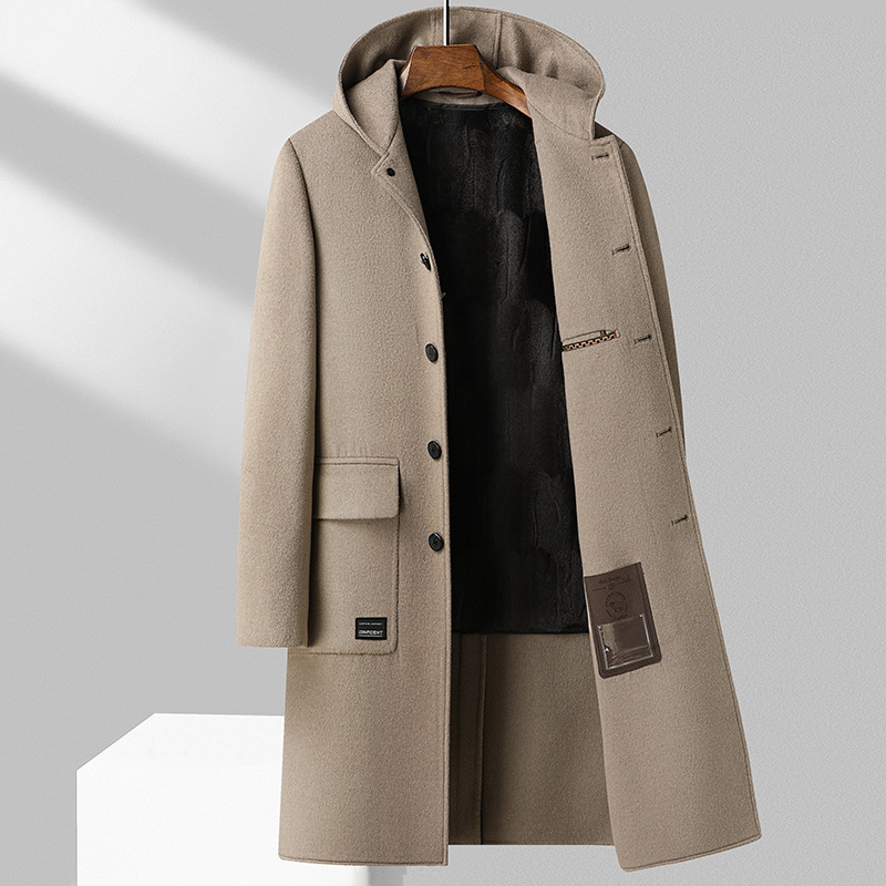 100%羊毛秋冬连帽双面呢长款大衣金丝绒内胆尼大衣风衣男妮子大衣