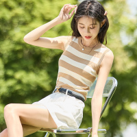 唐狮夏季新款吊带背心女内搭工字条纹无袖上衣小针织打底白色
