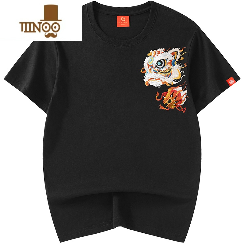 yanxu醒狮刺绣短袖t恤男夏季正肩体恤宽松潮流中国风上衣服视频
