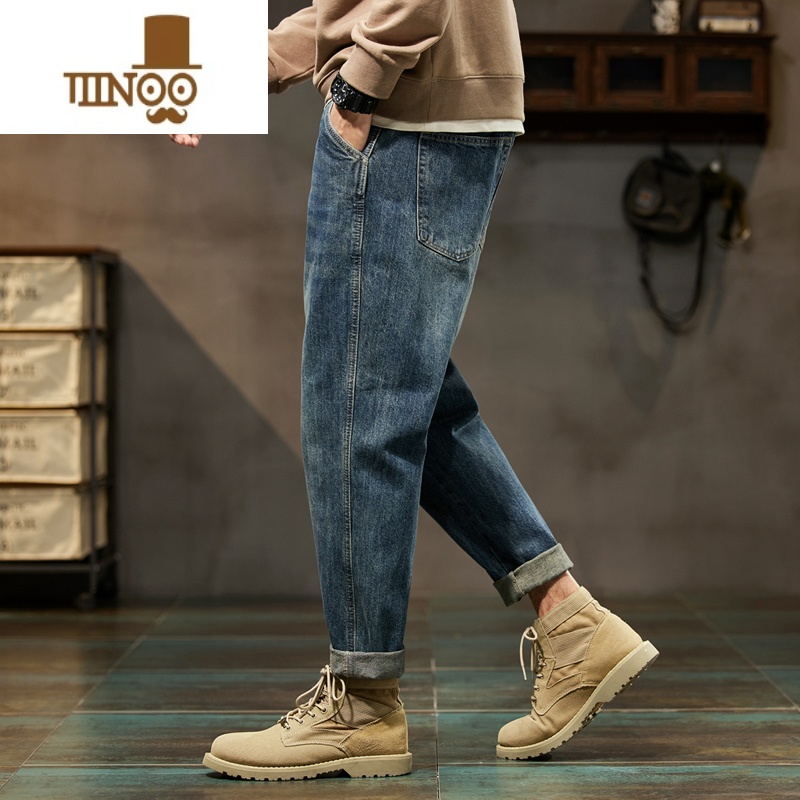 YANXU直筒牛仔裤男士美式复古潮牌宽松大码工装九分休闲长裤子2023高清大图