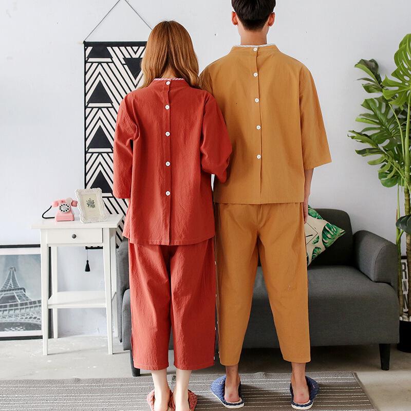 2018女款纯棉前后背开衫系扣男款全棉裤腿开缝按摩服艾灸理疗服汗蒸服女红色皱棉长款前后开腿开XL码女100斤男130斤