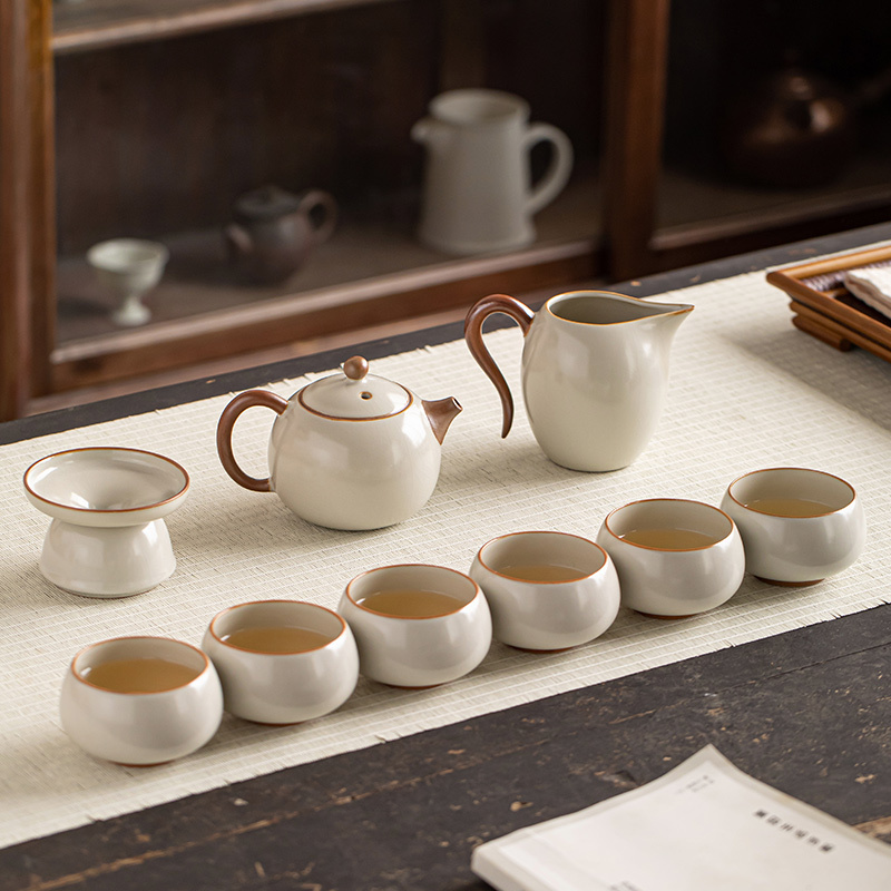 金镶玉 仿宋汝窑茶具套装 家用整套陶瓷西施壶泡茶功夫茶具送礼礼盒装 秋露米黄汝窑茶具套装 10头