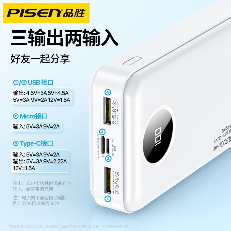 品胜充电宝31500毫安22.5W超级快充30000mAh兼容PD20W双向快充便携移动电源小米华为苹果14手机通用