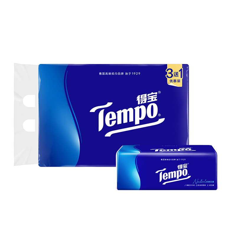 Tempo得宝经典无香抽纸4层90抽4包卫生纸 家用尝鲜装餐巾纸面巾纸卫生纸纸巾