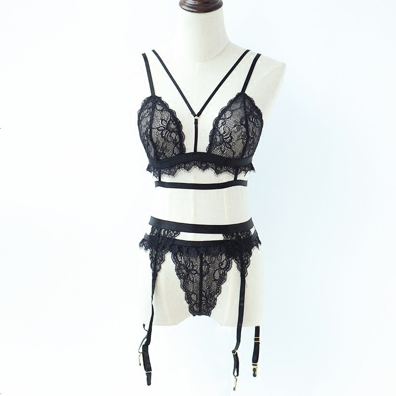 慕巴萨黑色蕾丝透明文胸内裤袜扣三件套情趣睡衣秋冬女士
