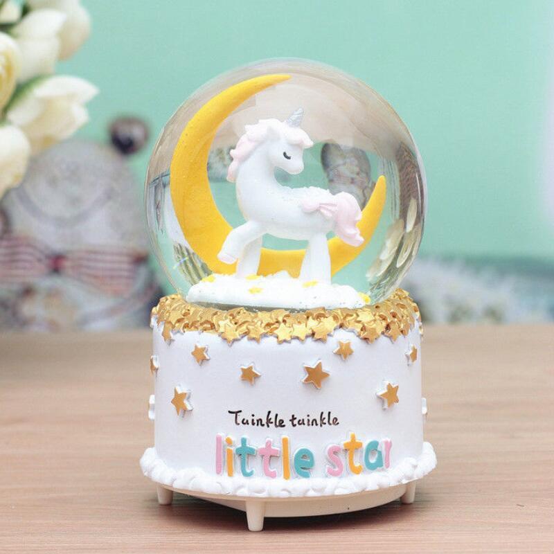 美帮汇花边独角兽飘雪水晶球 灯光音乐粉色桌面摆件 少女心