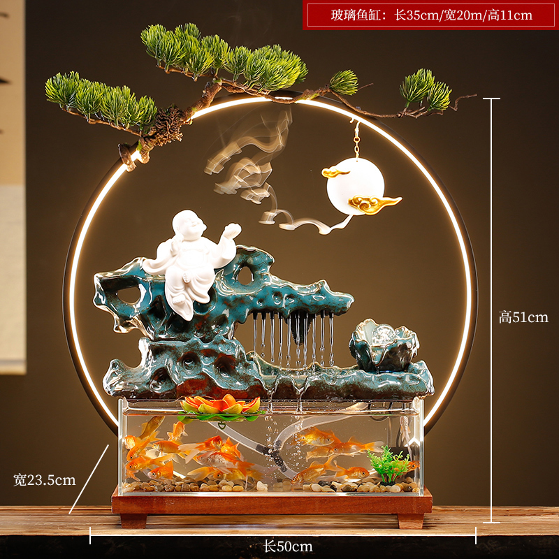 创意招财循环流水生财玻璃金鱼缸摆件办公室桌面客厅乔迁开业礼品