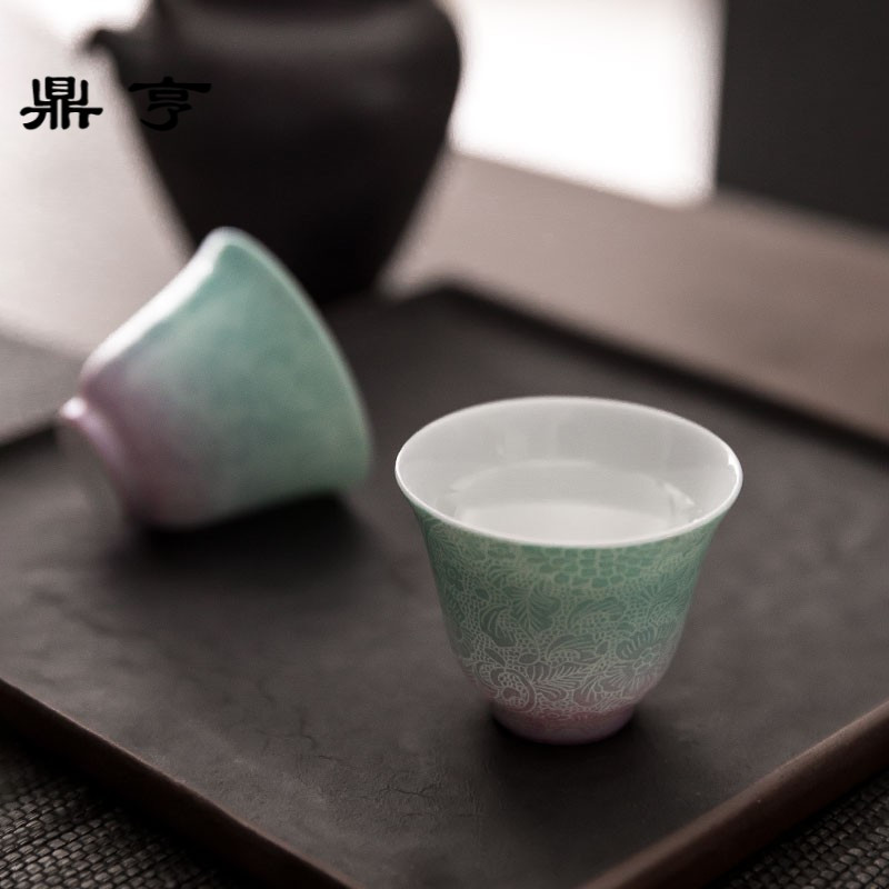 鼎亨景德镇粉彩扒花渐变品茗杯主人杯 全手工功夫茶具小茶杯茶盏