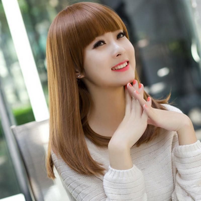 公主假发女逼真空气刘海整顶假发女士发套齐刘海中长直发微卷短发 浅