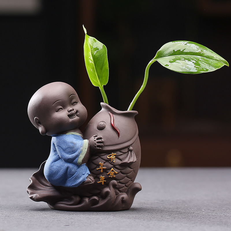 新中式禅意小和尚摆件紫砂精品茶宠家居花器水培花瓶可养茶具配件