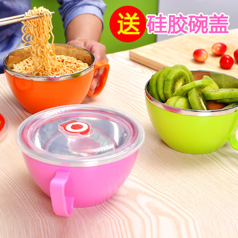 【3色可选】不锈钢双层泡面碗 带盖饭碗学生方便面碗家用碗泡面杯餐具套装