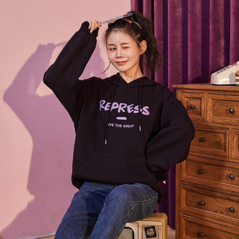 唐狮加绒卫衣女秋冬新款韩版连帽前胸印花卫衣宽松时尚百搭ins