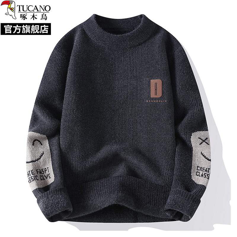 啄木鸟春秋冬季新款圆领套头毛衣男士加绒加厚保暖针织衫卫生衣衣暖高清大图