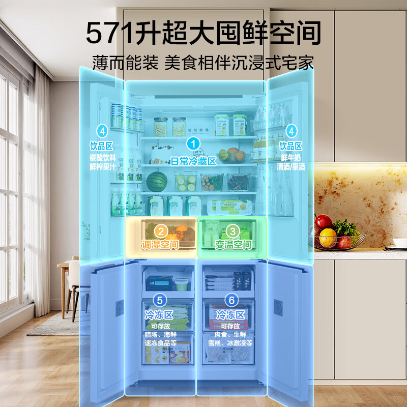[自营]美的冰箱571升十字无缝平嵌双变频一级能效净味抗菌干湿分储冰箱BCD-571WUSPZM(E) 流苏白高清大图