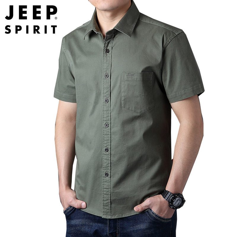 JEEP SPIRIT吉普男士衬衫夏装短袖衬衫商务休闲短衬男士舒适纯棉半袖运动外套