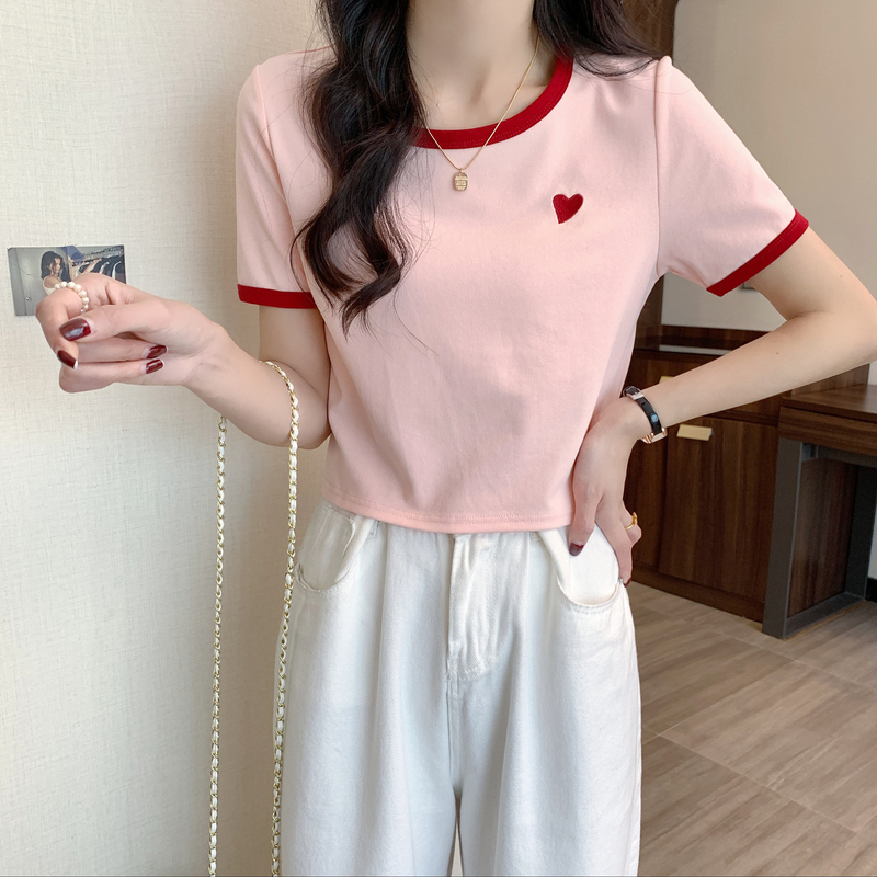 [1.5折价30元]撞色圆领短袖T恤女短款唐狮夏季新款粉色内搭小衫韩版ins风x