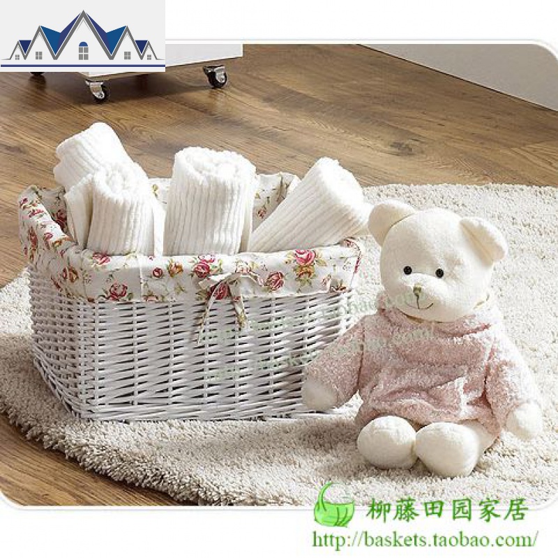 粉色收纳筐藤编收纳篮竹编收纳筐柳编收纳盒桌面收纳篮杂物筐 三维工匠 白色碎花布小号：24*18*12CM