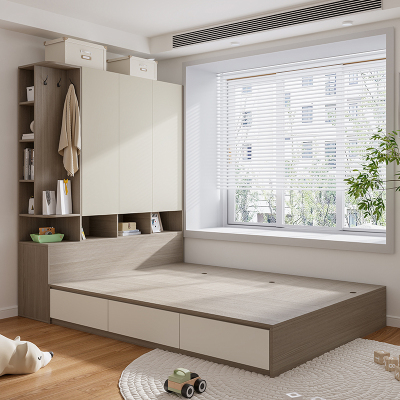 木月储物床现代简约单人床高箱床家用卧室榻榻米床小户型衣柜床一体