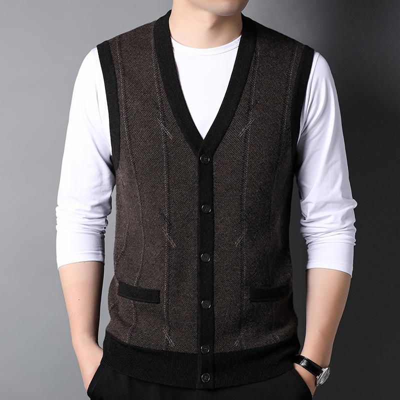 免费试穿 春装新款羊绒背心男中年外穿针织马甲开衫爸爸竖条纹无袖