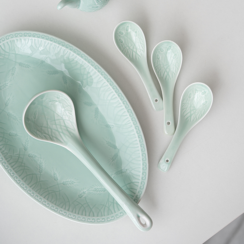 苏氏陶瓷(SUSHI CERAMICS)青瓷餐具套装浅绿釉五谷丰登陶瓷碗盘56头中餐具礼盒