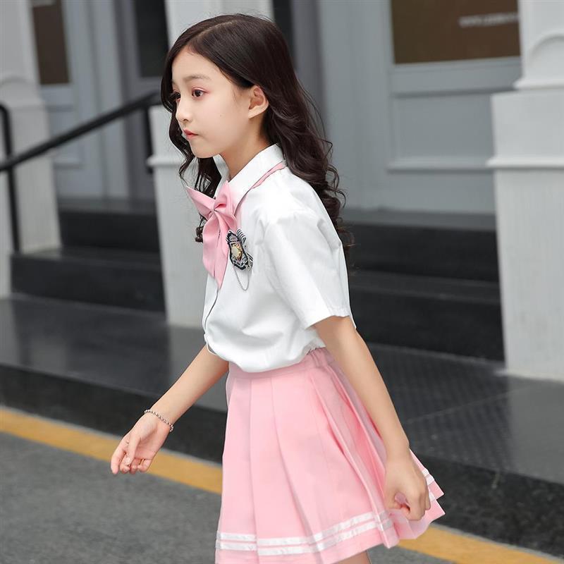 儿童制服粉色短裙日系学生班服学院风女生白衬衫百褶裙半身裙夏y9