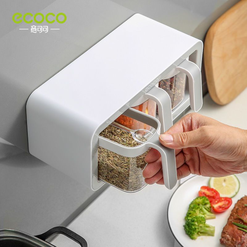 两罐灰色[密封赠勺子] ECOCO意可可厨房调料盒免打孔壁挂式防水防尘厨房置物架收纳台