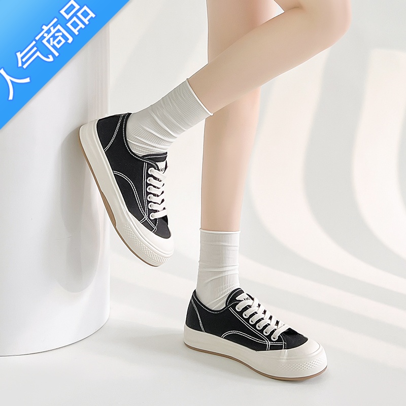 SUNTEK帆布鞋女新款2023年夏季平底百搭圆头显瘦透气休闲韩系小白鞋高清大图