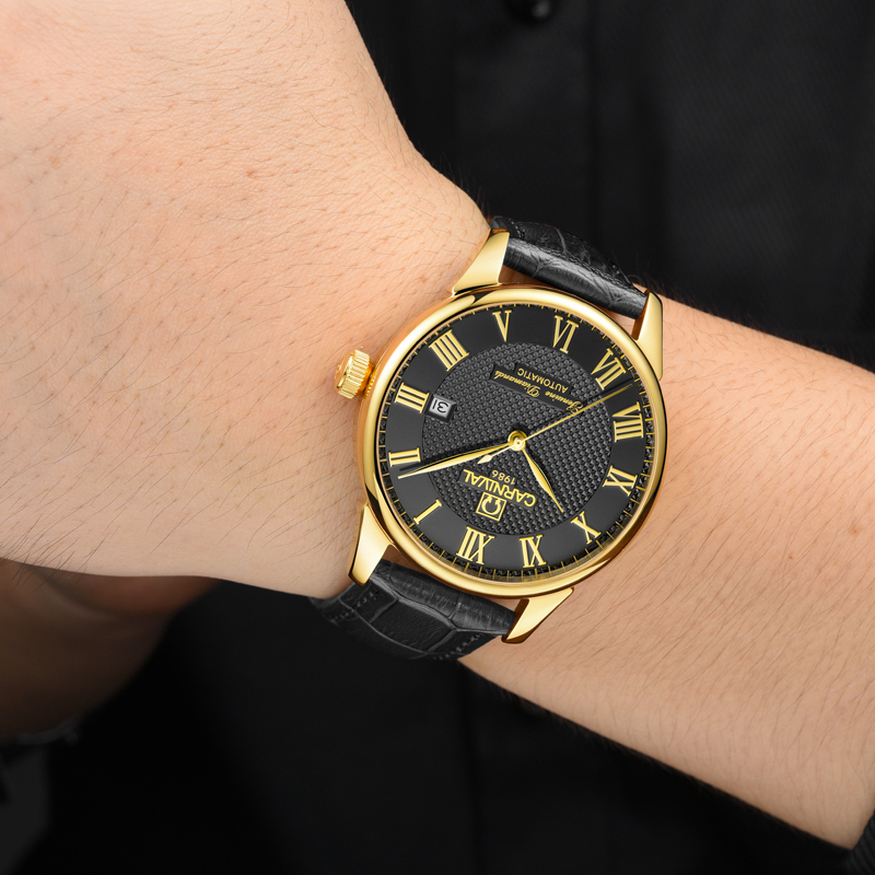 新款正品嘉年华Carnival手表男士全自动机械表 男表时尚防水真皮带休闲男表单日历力洛克表盘罗马刻度8605高清大图