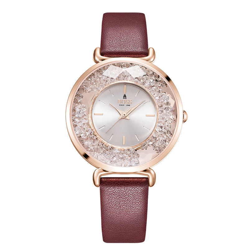 香港boss时尚满钻圆盘玫色皮带女士石英腕表bz004参数