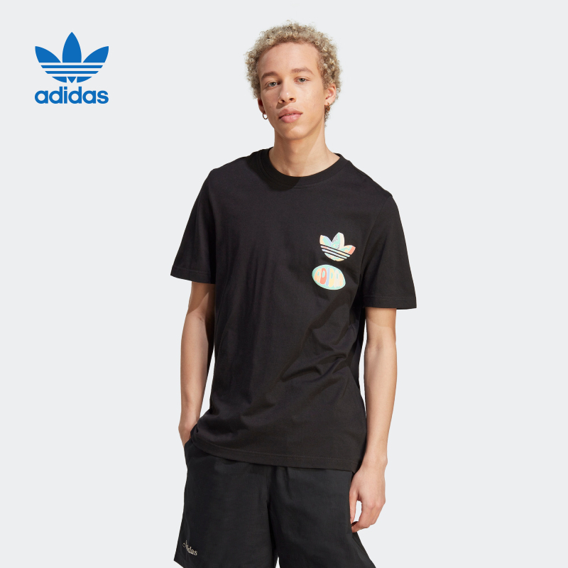 adidas阿迪达斯三叶草男士短袖夏季新款趣味印花休闲t恤黑it8183视频