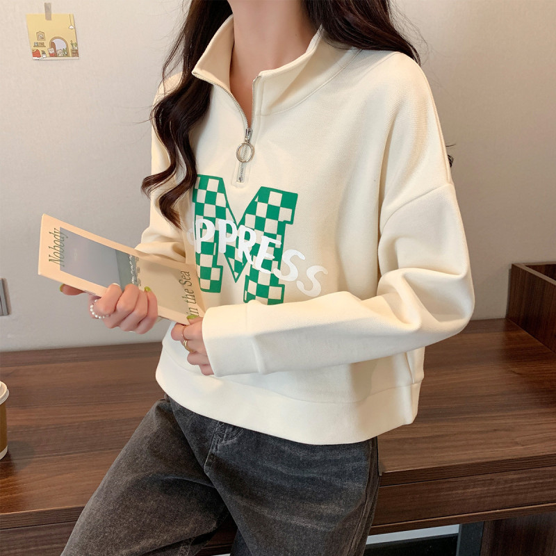 唐狮卫衣女春装新款韩版宽松polo领棋盘格字母印花上衣潮