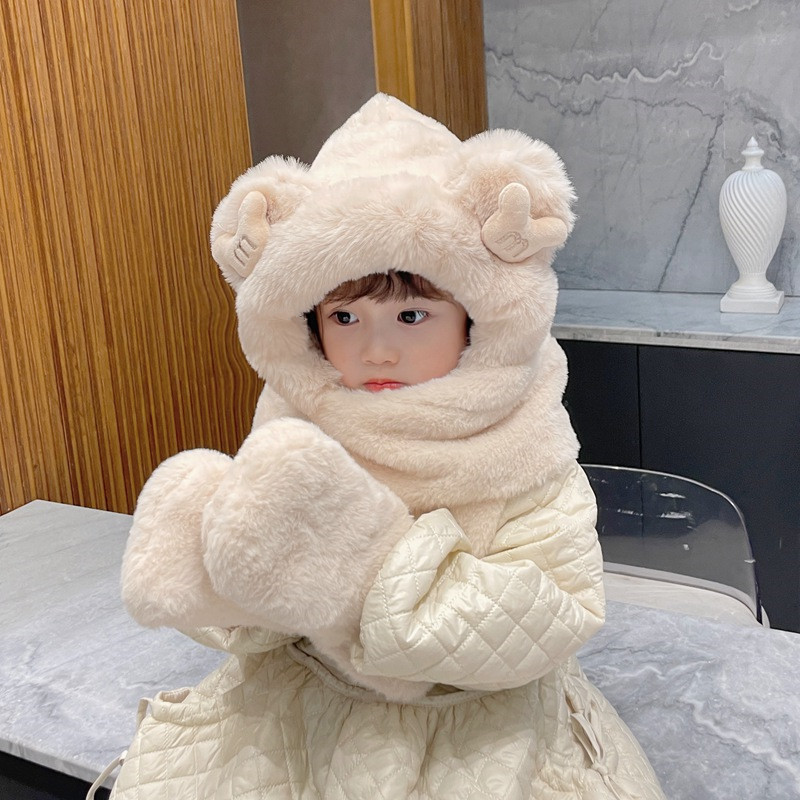 儿童帽子冬季保暖女童毛绒帽围巾一体帽新款挡风口罩手套男宝高清大图