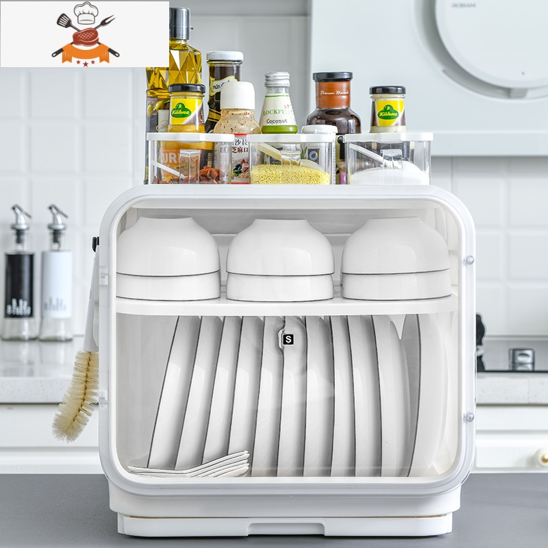 厨房碗架台面家用碗柜沥水架塑料碗筷收纳盒餐具装碗碟收纳箱带盖 敬平 [白色]双层碗盘收纳箱[送定制4个挂钩+3个调餐具架