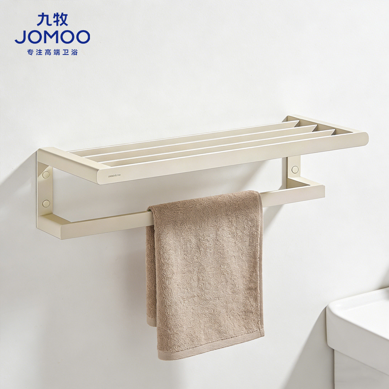 九牧(JOMOO)卫浴白色浴巾架毛巾杆奶油风浴室挂件卫生间置物架双层太空铝936017-P2-1高清大图
