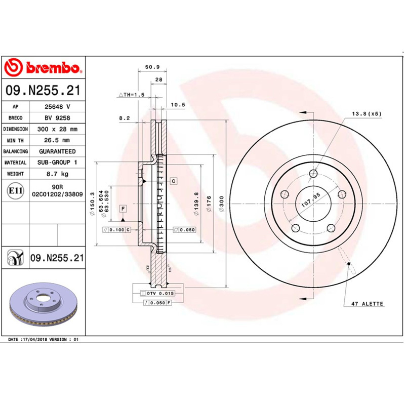 布雷博(brembo)前盘09.N255.21适配13-18款蒙迪欧(CD391) 1.5T/2.0L/T(对装)