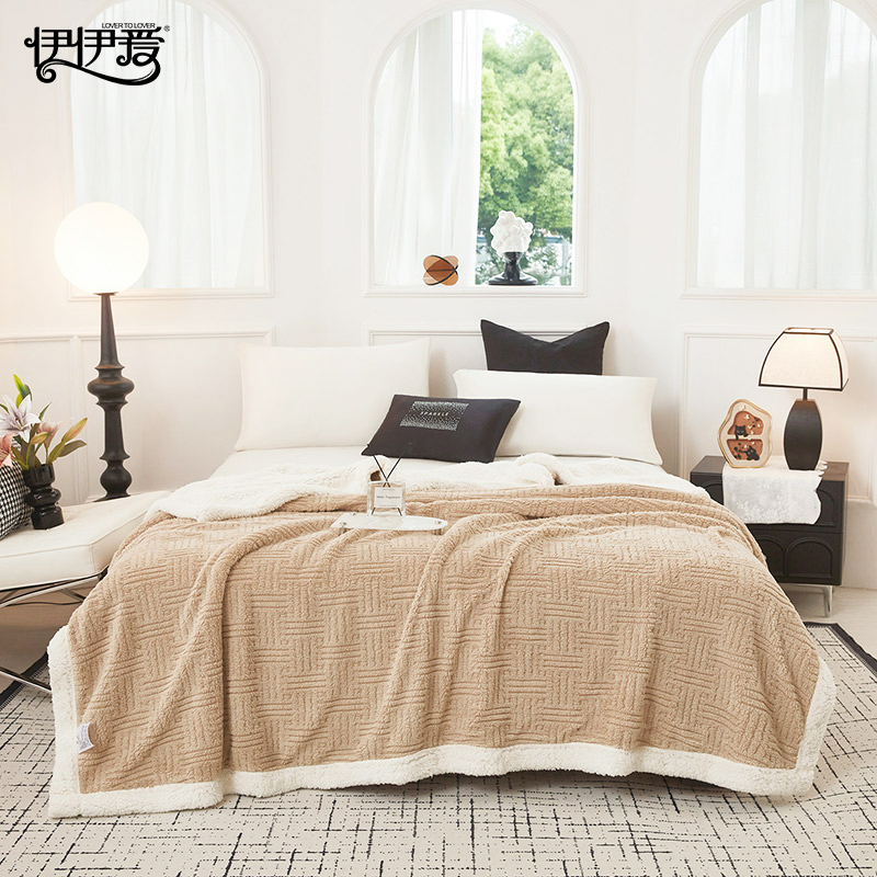 伊伊爱 舒棉绒提花羊羔绒毛毯 深卡其高清大图