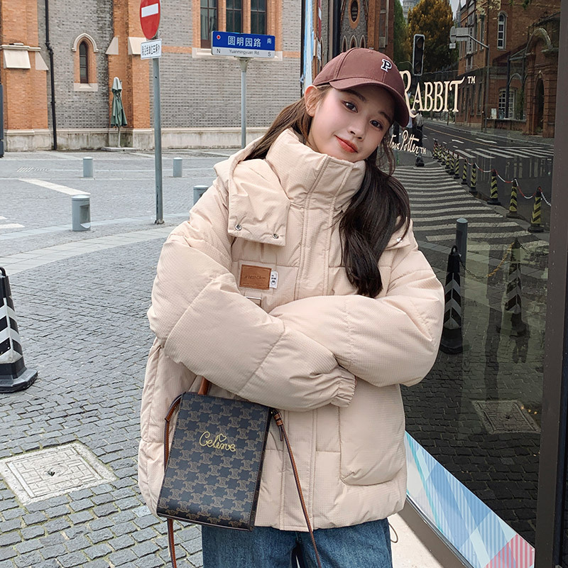 连帽羽绒棉服女2024秋冬新款韩版大码宽松小个子面包服外套棉袄潮 卡其 M