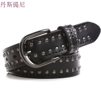 牛仔裤皮带女款真皮女士皮带时尚宽休闲腰带女牛皮铆钉男朋克潮土黄色