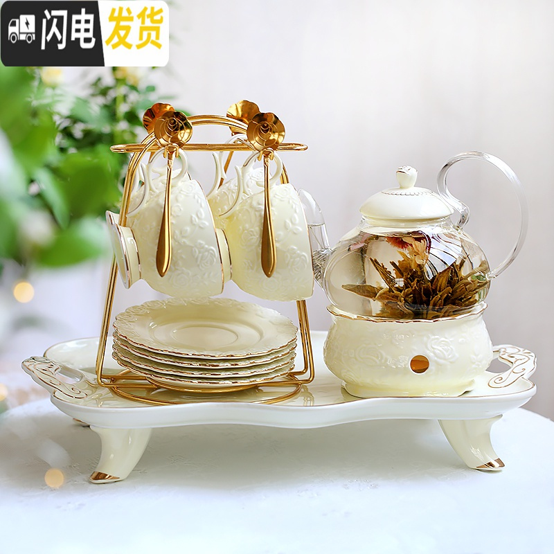 三维工匠英式下午茶茶具 欧式花茶茶具花茶杯套装 陶瓷玻璃煮水果蜡烛茶壶 金玫瑰(4杯碟+壶)含铁架+金勺