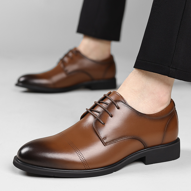 迪罗尼卡内增高皮鞋男商务正装软皮透气韩版系带英伦黑色夏季工作男鞋婚鞋高清大图