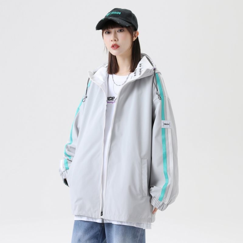 DEBRAND双面衣外套女2022春季新款韩版涂鸦印花宽松百搭连帽夹克