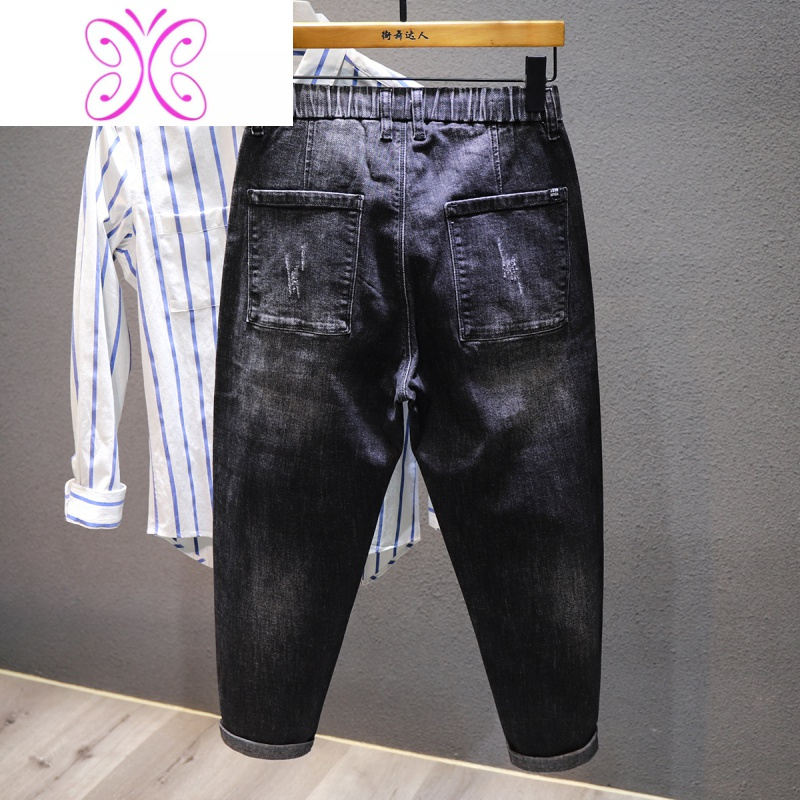 yuansu秋冬季厚款松紧腰系绳黑色牛仔裤男潮牌水洗韩版弹力修身小脚