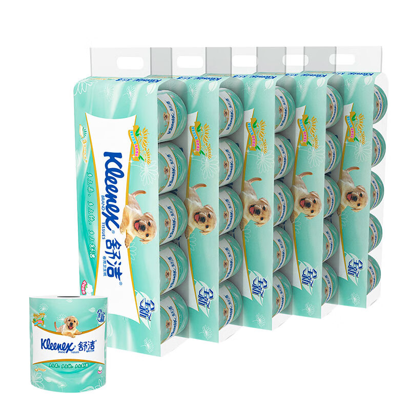 舒洁(Kleenex)绿茶洋甘菊印花卫生纸清香有芯3层10粒*5提卷纸厕纸50粒 家庭装