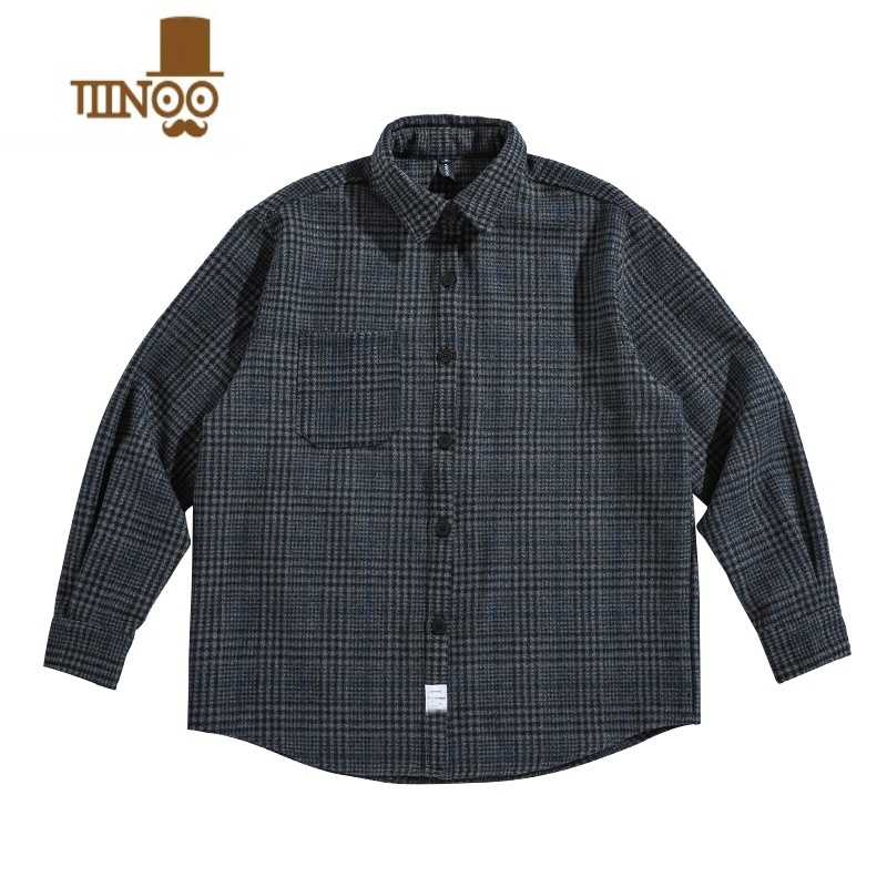 YANXU日系复古工装格子衬衫男长袖潮流宽松百搭休闲磨毛衬衣外U高清大图