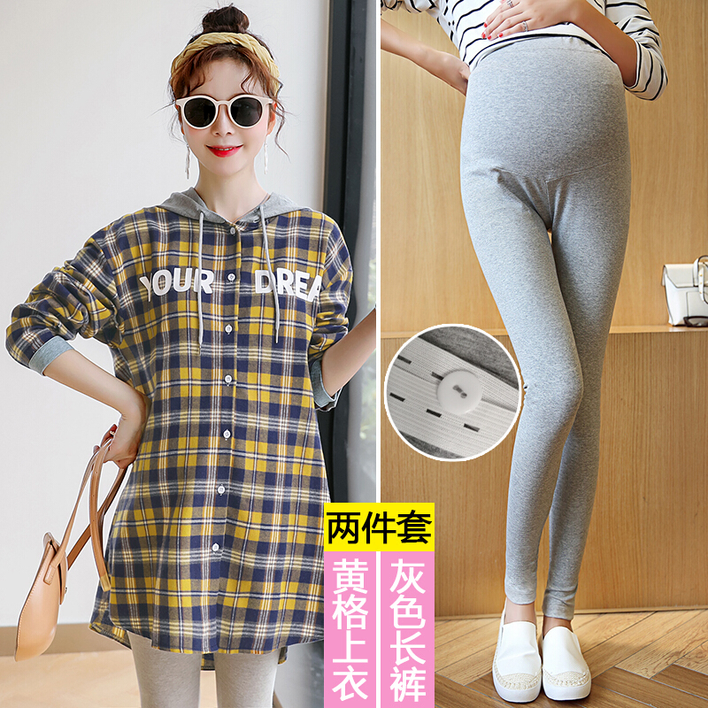 迪鲁奥(DILUAO)孕妇装秋装棉质长袖衬衣格子外穿秋装新款中长款连帽上衣外套怀孕期