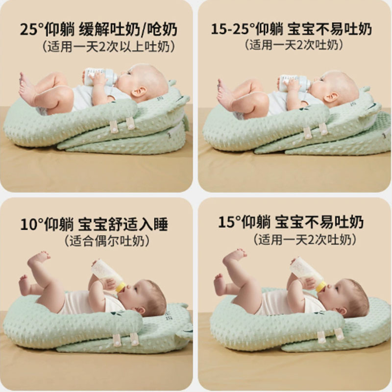 大西瓜防溢奶呛奶枕头新生儿枕绣花豆绒斜坡床10度套装+15度调节垫高清大图