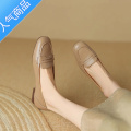 SUNTEK复古软皮豆豆鞋平底2023夏季浅口乐福鞋一脚蹬软底粗跟单鞋鞋